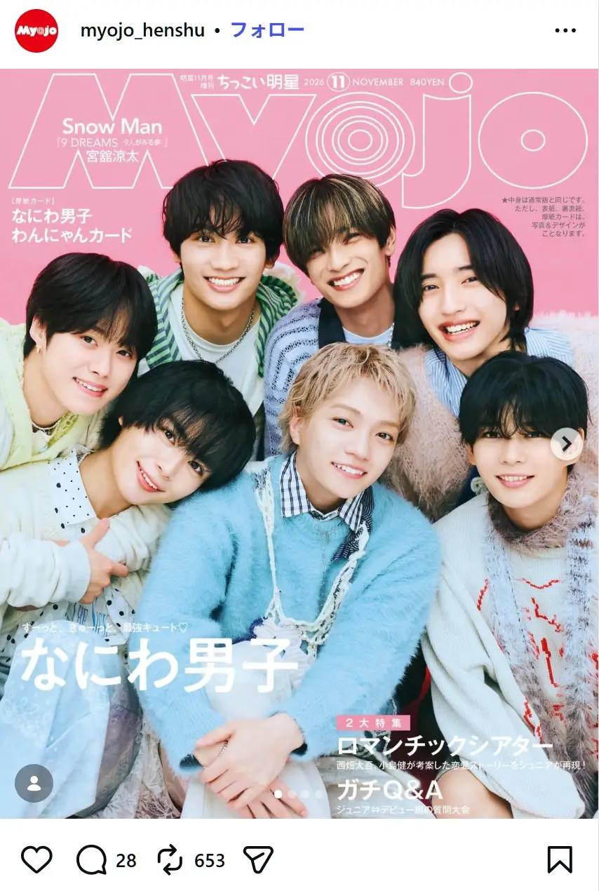 第4位:なにわ男子(96票)