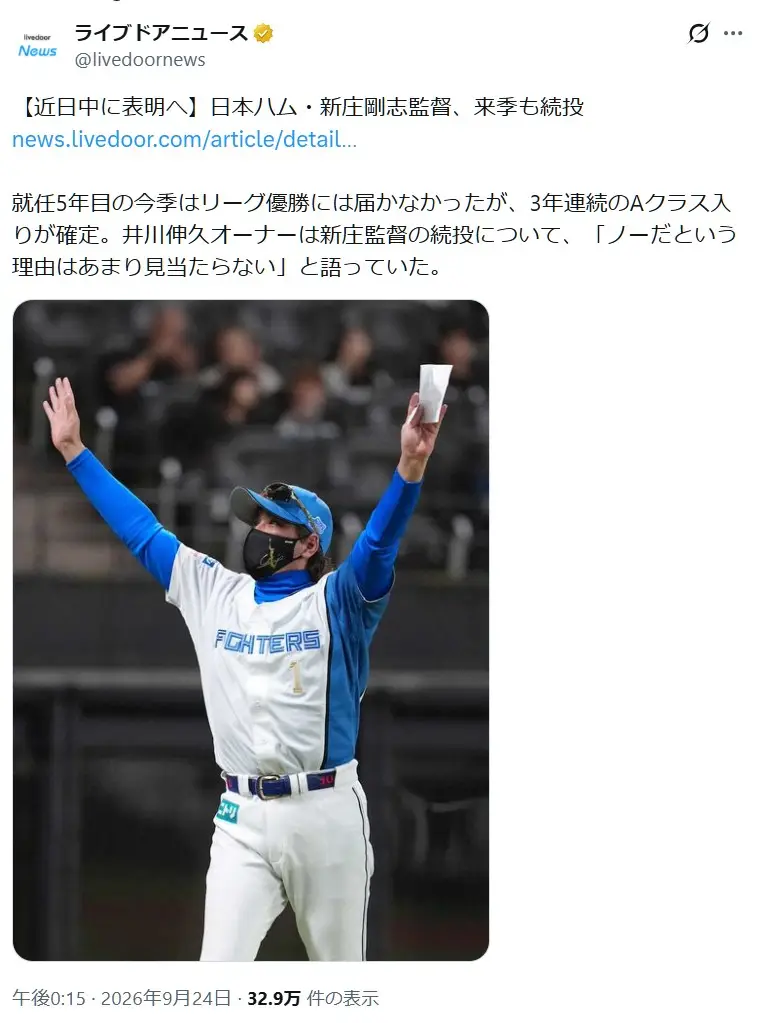 第6位：新庄剛志（北海道日本ハムファイターズ）（118票）